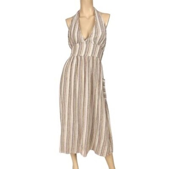 Indigo Rein Dresses & Skirts - Indigo Rein Midi Dress Linen Brown Beige Stripe Halter V Neck Boho Size Small